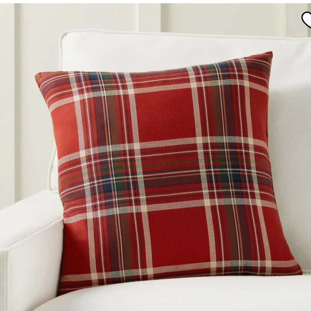 Pottery Barn Love Script Reversible Plaid Pillow Cover, Red Khaki Rustic NWT